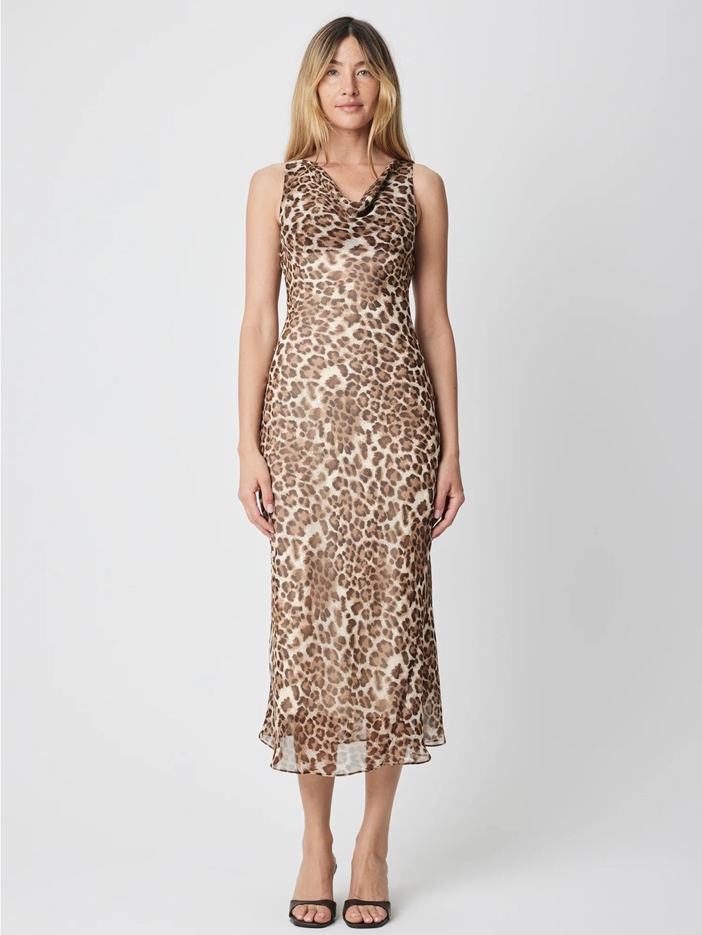 All Row Vela Dress - Leopard Print Cowl Midi Slip Dress - Brown/Beige